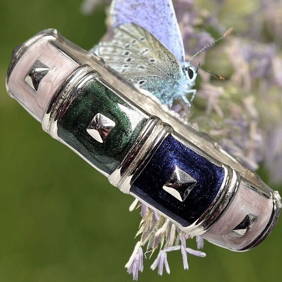 Vtg Geo Glam Enamel Clamper Silver Tone Hinge Bangle Bracelet Green Pink & Blue - Picture 4 of 12